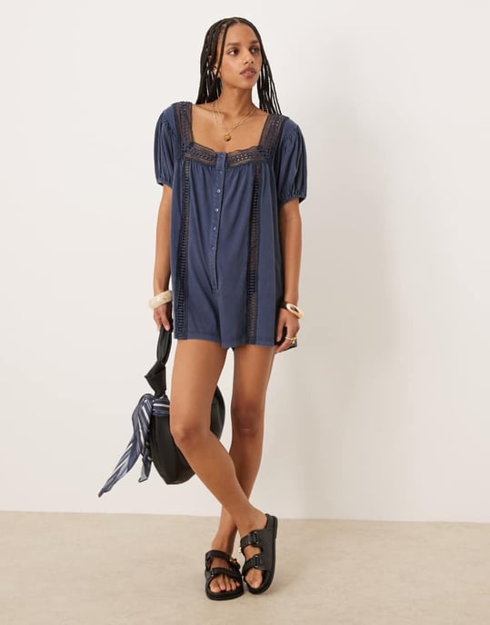ASOS DESIGN broderie square neck button down puff sleeve playsuit in washed denim blue - Image 2