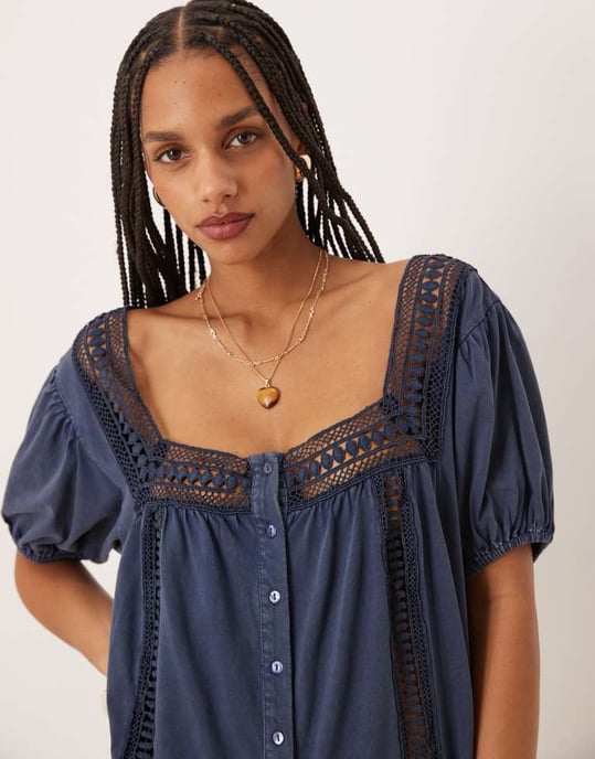 ASOS DESIGN broderie square neck button down puff sleeve playsuit in washed denim blue - Image 3