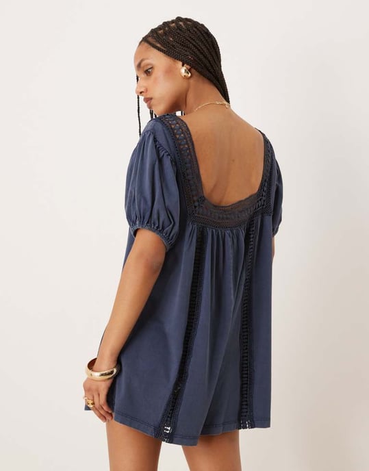 ASOS DESIGN broderie square neck button down puff sleeve playsuit in washed denim blue - Image 4