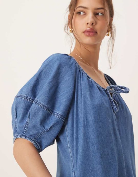 ASOS DESIGN soft denim playsuit with balloon sleeves in midwash blue - Image 2