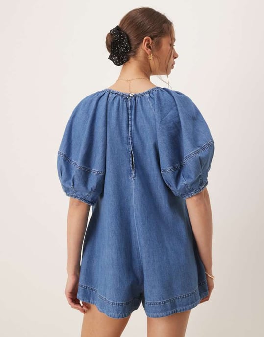 ASOS DESIGN soft denim playsuit with balloon sleeves in midwash blue - Image 3