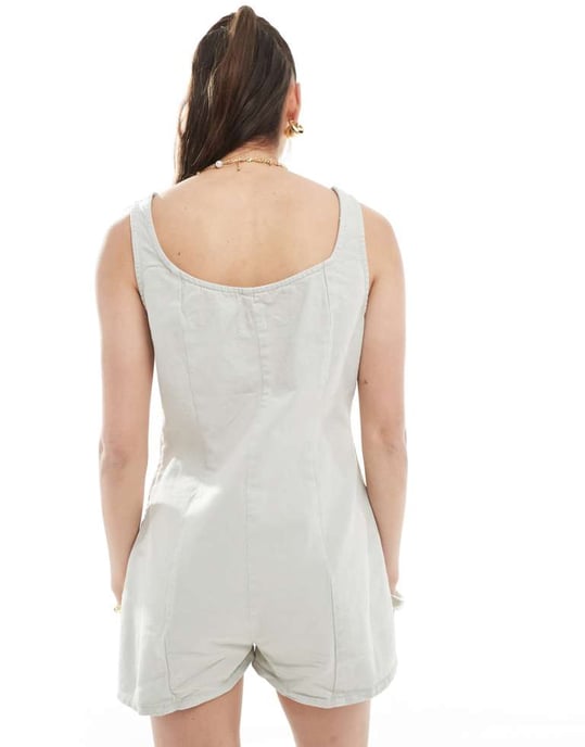 ASOS DESIGN denim scoop neck playsuit with pocket detail in white - Image 4