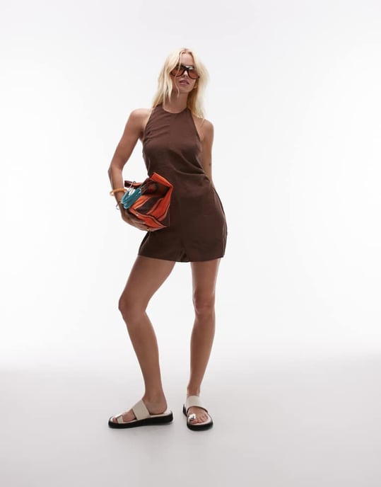 Topshop halterneck playsuit in cupro chocolate - Image 1