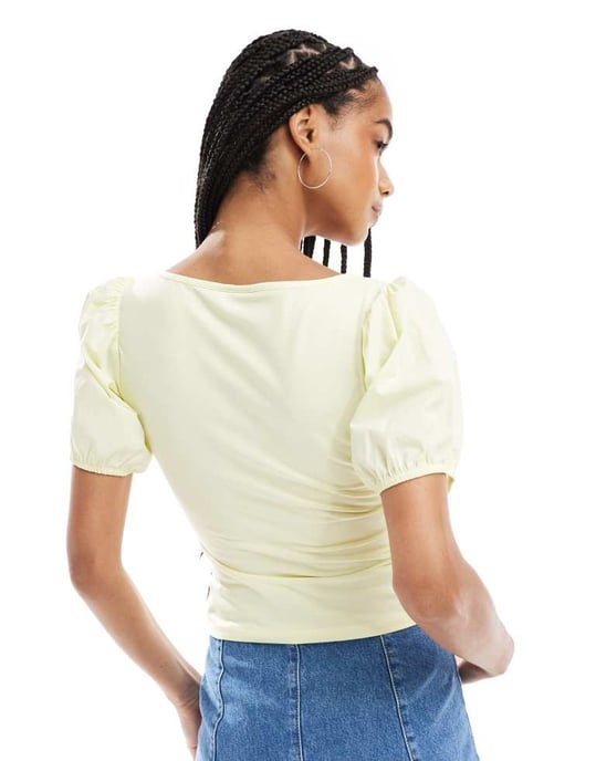 ASOS DESIGN poplin mix puff sleeve sweetheart top in buttermilk yellow - Image 4