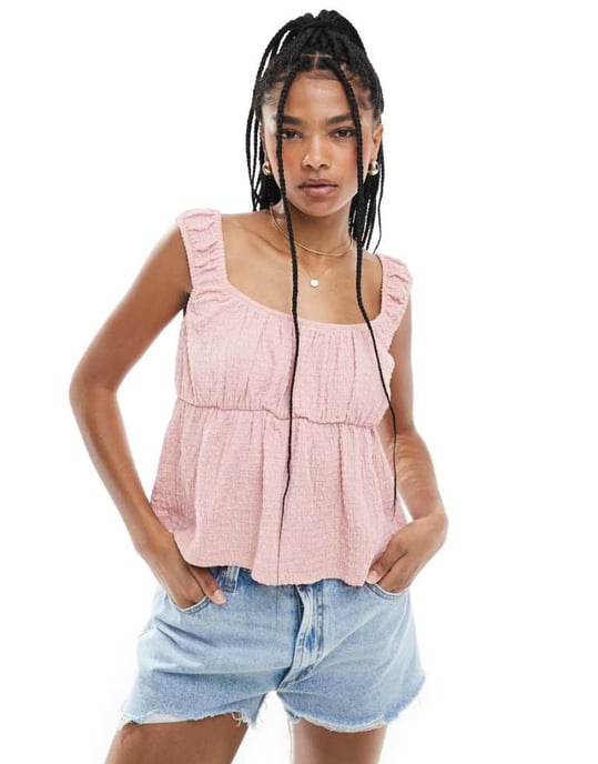 ASOS DESIGN textured babydoll top in pink - Image 1