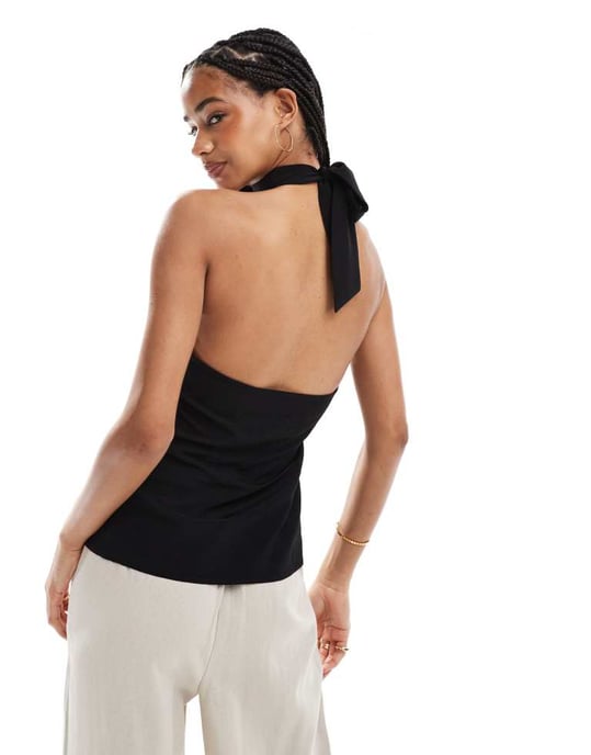 ASOS DESIGN halterneck topp med knytning i svart - Image 4