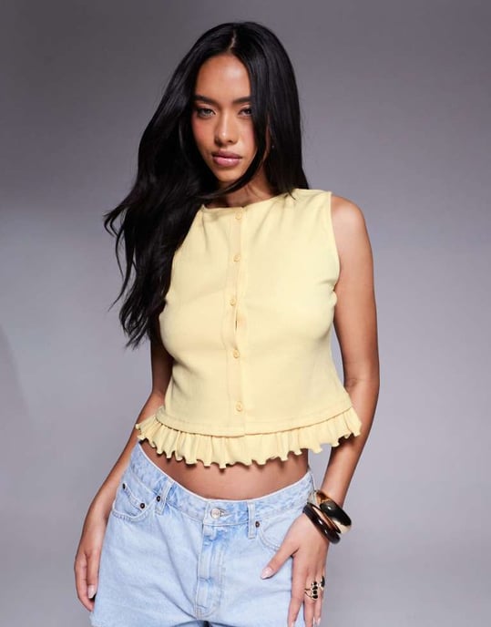 ASOS DESIGN mini rib button through top with mini frill hem in buttermilk - Image 1