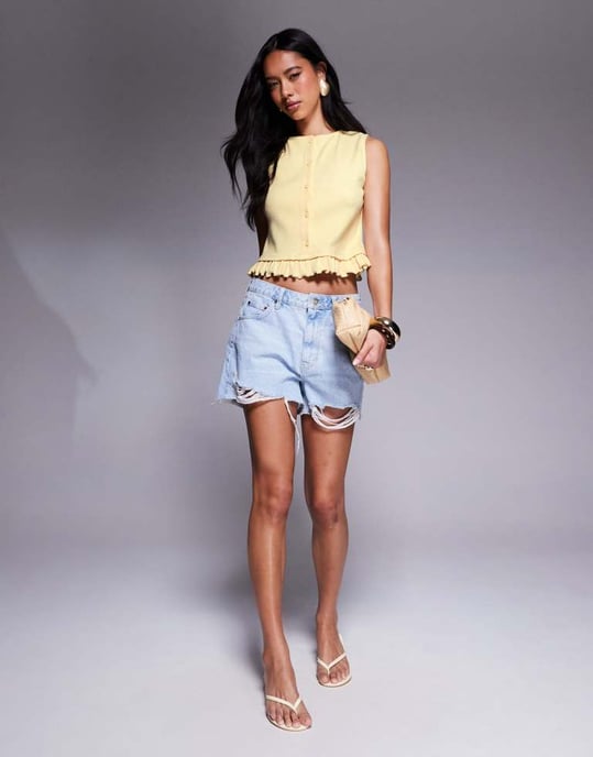 ASOS DESIGN mini rib button through top with mini frill hem in buttermilk - Image 4