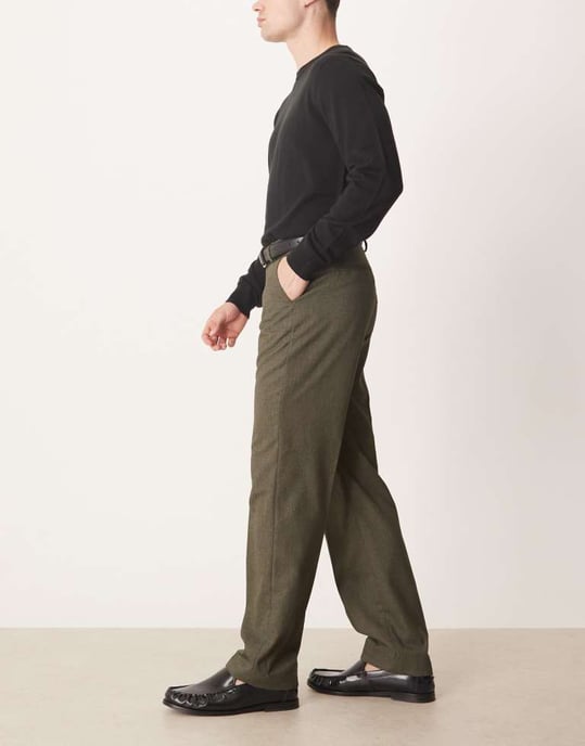 ASOS DESIGN smart raka byxor i mörkgrön slub - Image 3