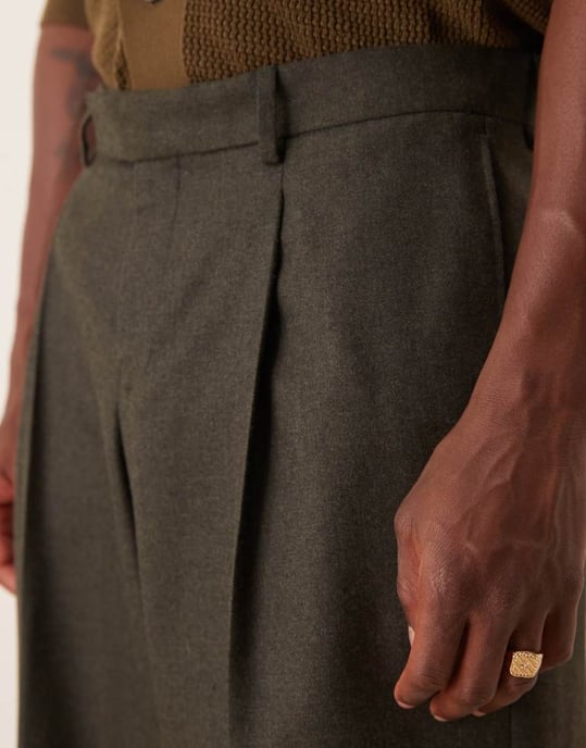 ASOS DESIGN smart loose leg trousers with front pleats in charcoal brushed fabric with - Image 3
