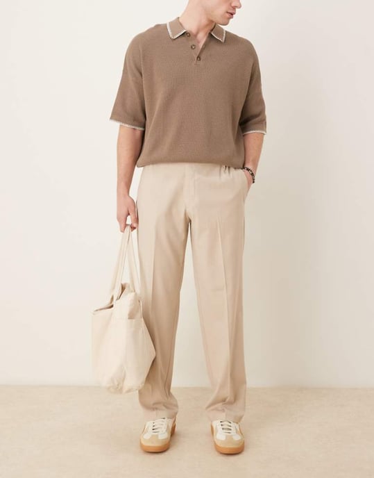 ASOS DESIGN smart rakbyxor i kamelfärgad linne-look med elastisk midja - Image 1