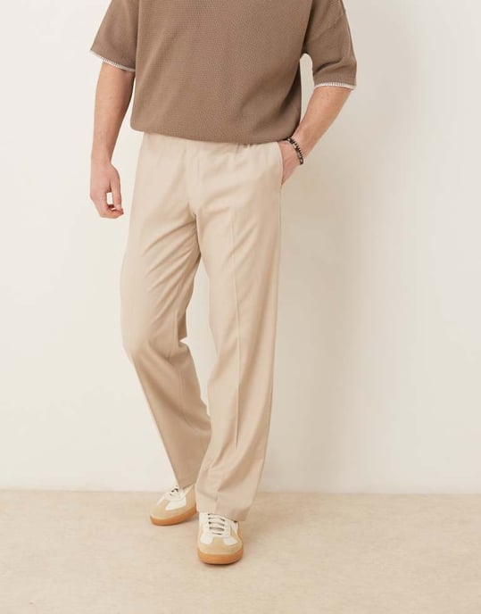 ASOS DESIGN smart rakbyxor i kamelfärgad linne-look med elastisk midja - Image 2