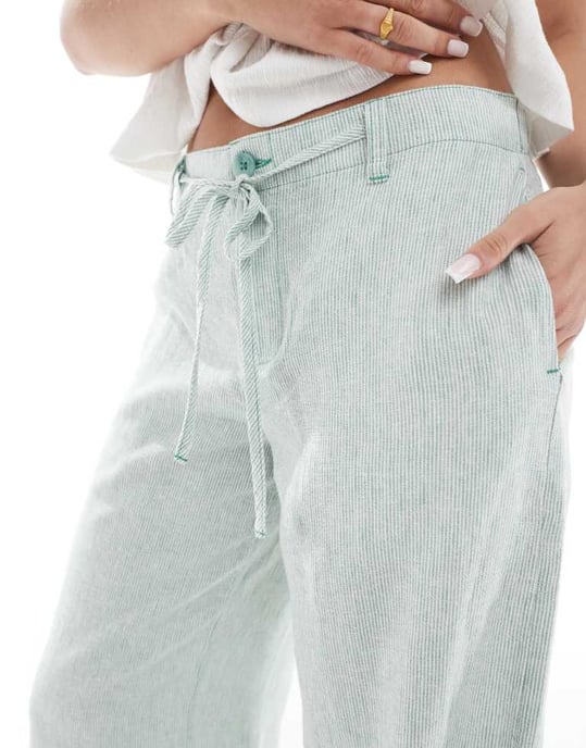 Hollister lågrisk linne superslöbyxor grön och vit rand - Image 3