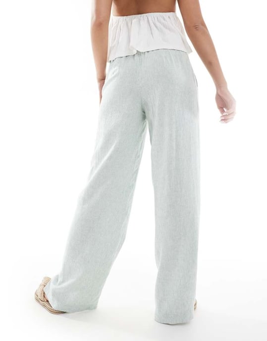 Hollister lågrisk linne superslöbyxor grön och vit rand - Image 4