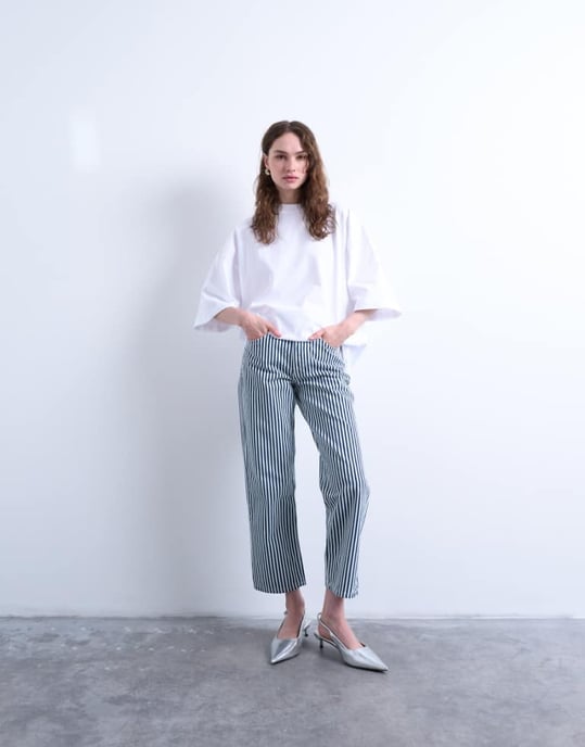 Topshop randig kort midje raka byxor i blått - Image 1