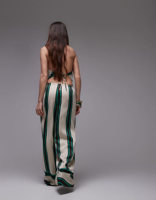 Topshop koord midjehög satinbyxa med djup manschett i beige med bordeaux- och tealrand - Image 2