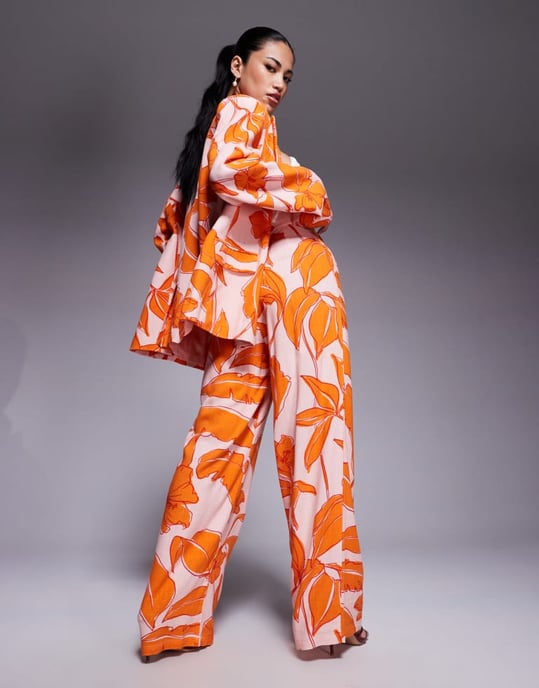 ASOS DESIGN skräddarsydda hög midja sömdetalj byxor koord med linne i palmtryck - Image 4