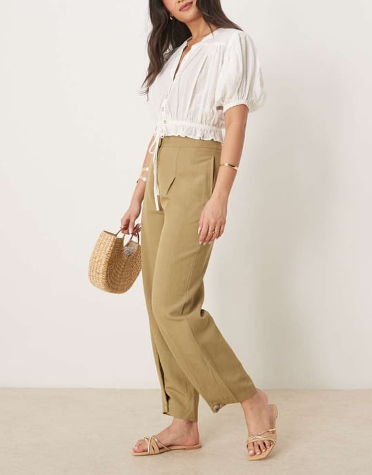 ASOS DESIGN skräddarsydda linbyxor med multifunktionell nederkant i khaki - Image 4