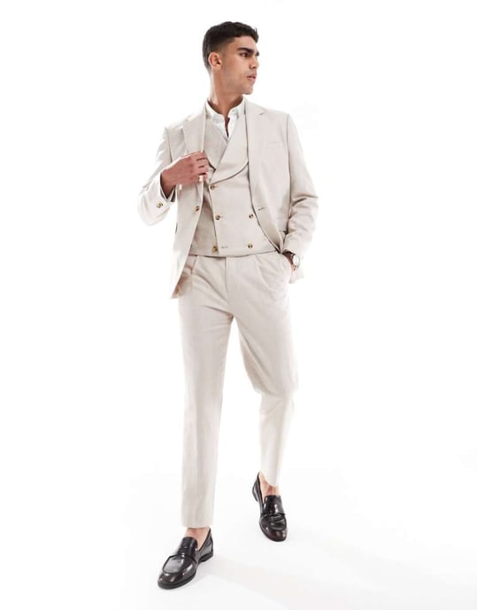 ASOS DESIGN tapered kostymbyxor i linne i stentwill - Image 1