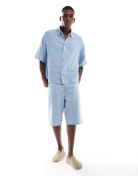 ASOS DESIGN cheesecloth textured regular shirt in blue - Image 3