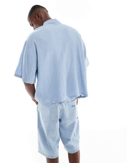 ASOS DESIGN cheesecloth textured regular shirt in blue - Image 4