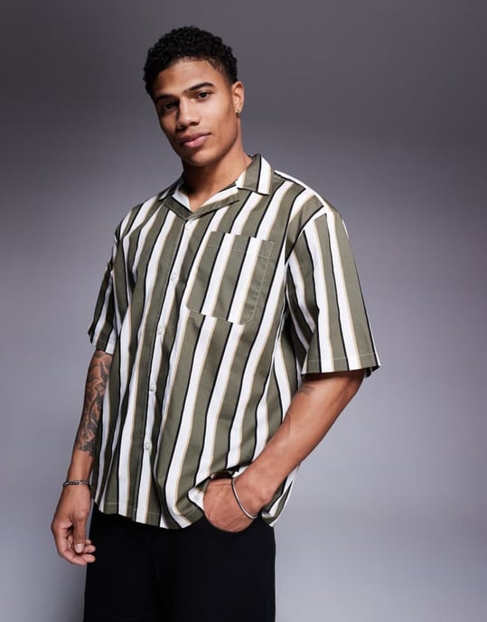 Hugo Blue striped relaxed fit short sleeve shirt in green - Image 2