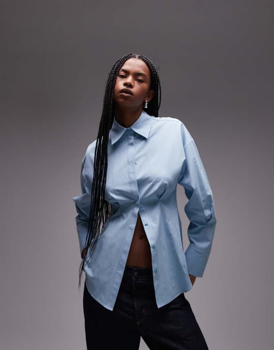 Topshop cinch waisted poplin shirt in blue - Image 1