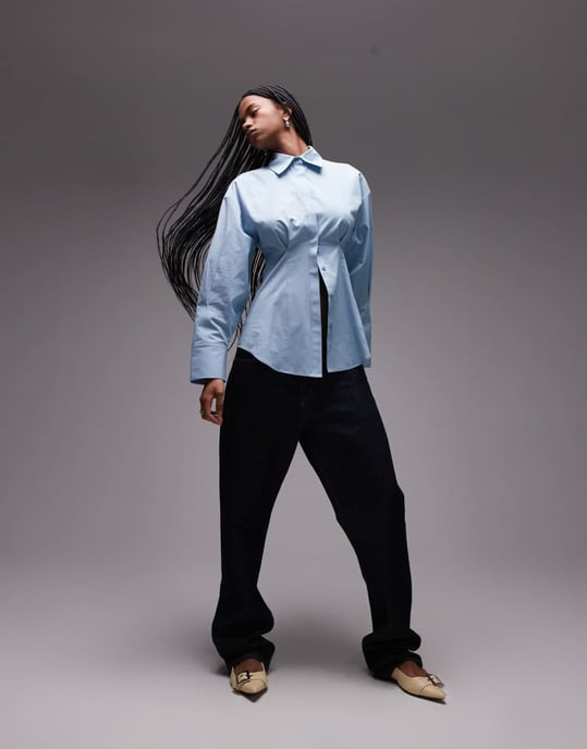 Topshop cinch waisted poplin shirt in blue - Image 3