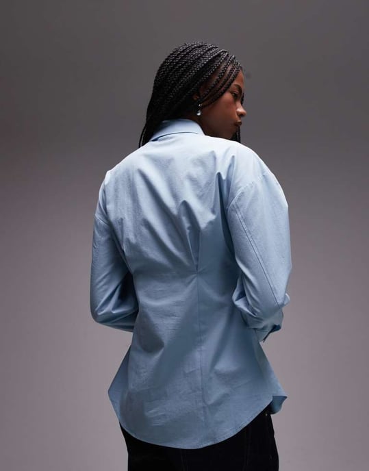 Topshop cinch waisted poplin shirt in blue - Image 4