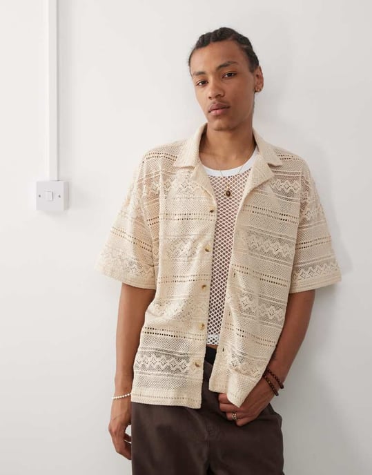 Återvunnen Vintage Limited Edition kortärmad boxy virkade skjorta i beige - Image 2