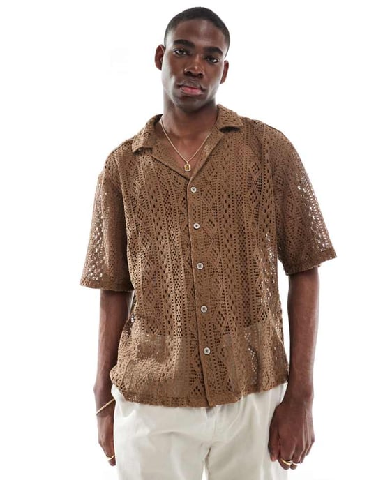 ONLY & SONS lace shirt in brown - Image 1