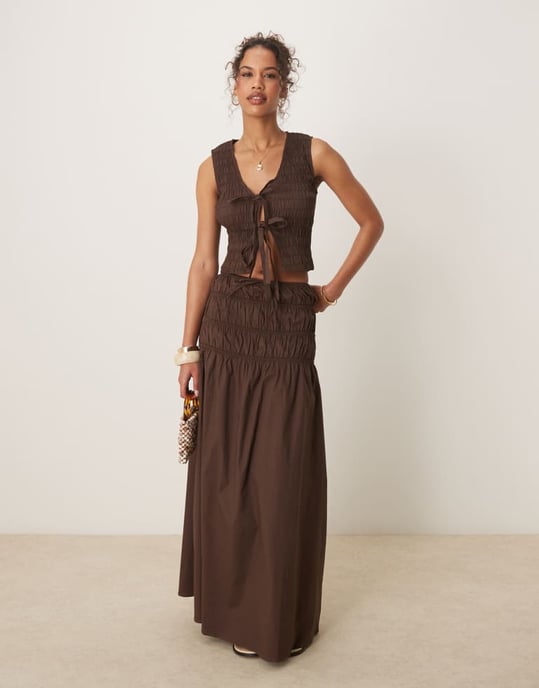 Glamorous shirred tie front top in brown co-ord - Image 2