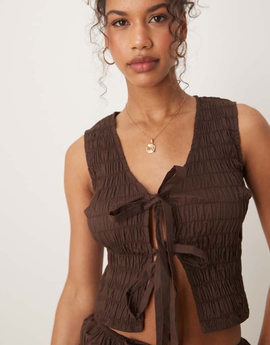 Glamorous shirred tie front top in brown co-ord - Image 3