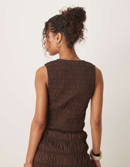 Glamorous shirred tie front top in brown co-ord - Image 4