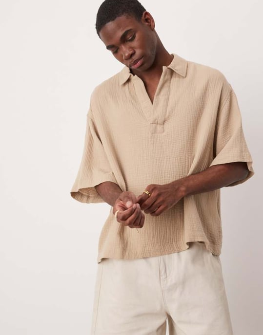 ASOS DESIGN oversized overhead boxy shirt in beige - Image 1