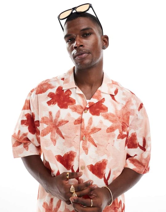 ASOS DESIGN boxy oversized revere shirt with floral print in pink - Image 3
