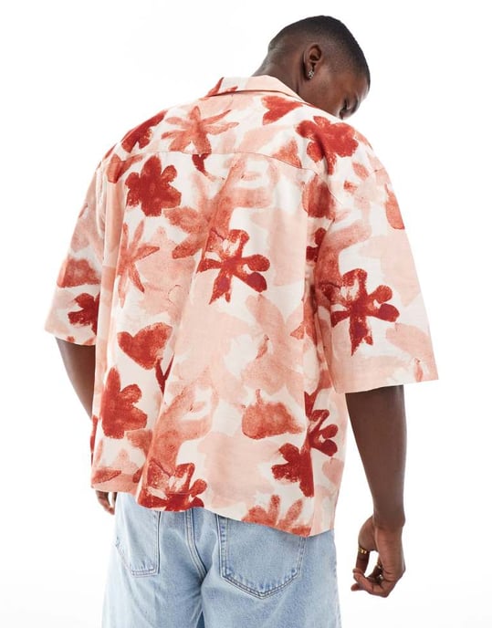 ASOS DESIGN boxy oversized revere shirt with floral print in pink - Image 4