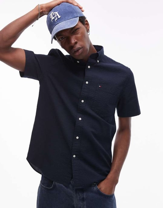 Tommy Hilfiger seersucker short sleeve shirt in navy - Image 1