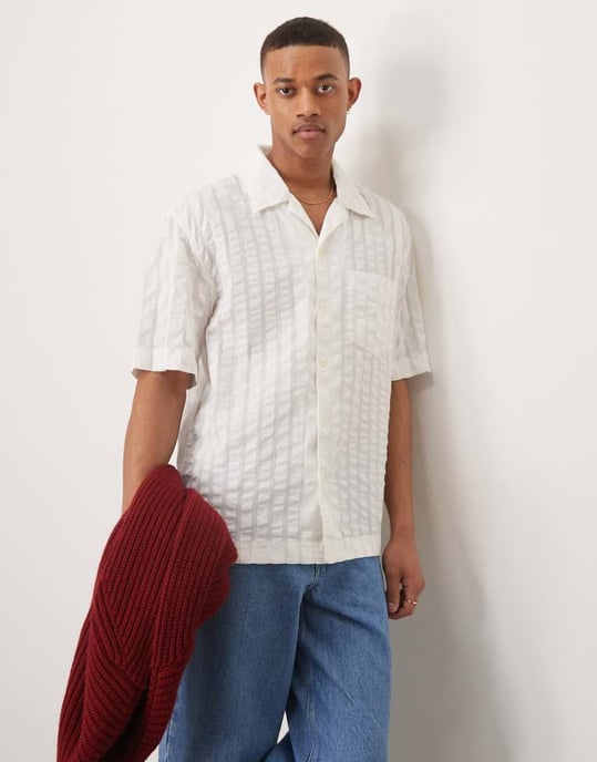 GANT resort revere collar short sleeve tonal seersucker stripe shirt in off white - Image 1