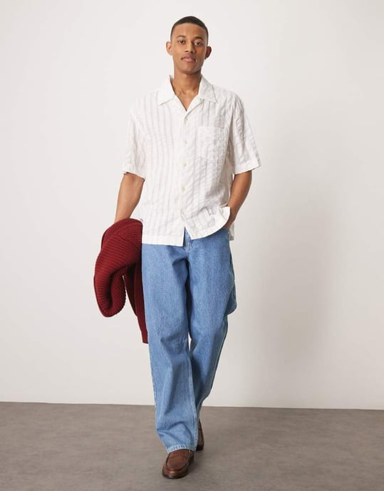 GANT resort revere collar short sleeve tonal seersucker stripe shirt in off white - Image 2