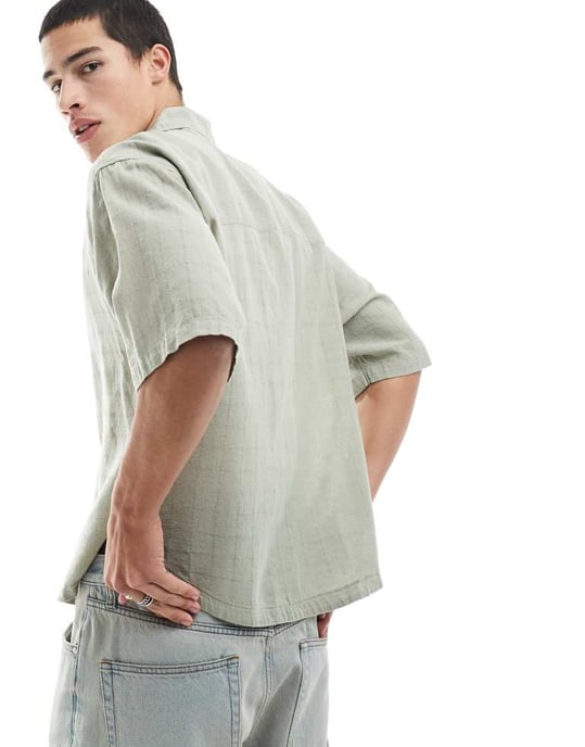 ONLY & SONS avslappnad passform strukturerad krage skjorta i ljus salvia - Image 3