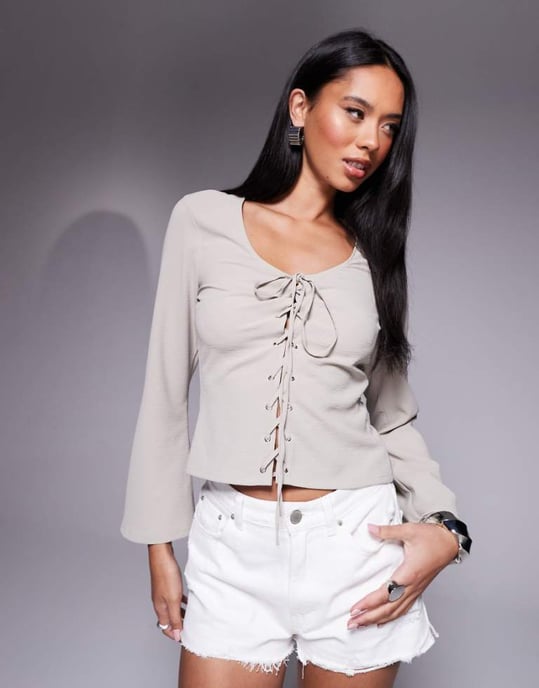 ASOS DESIGN lace up front long sleeve top in taupe - Image 1
