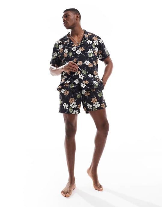 Boss co-ord floral print short sleeve shirt in black - Image 1