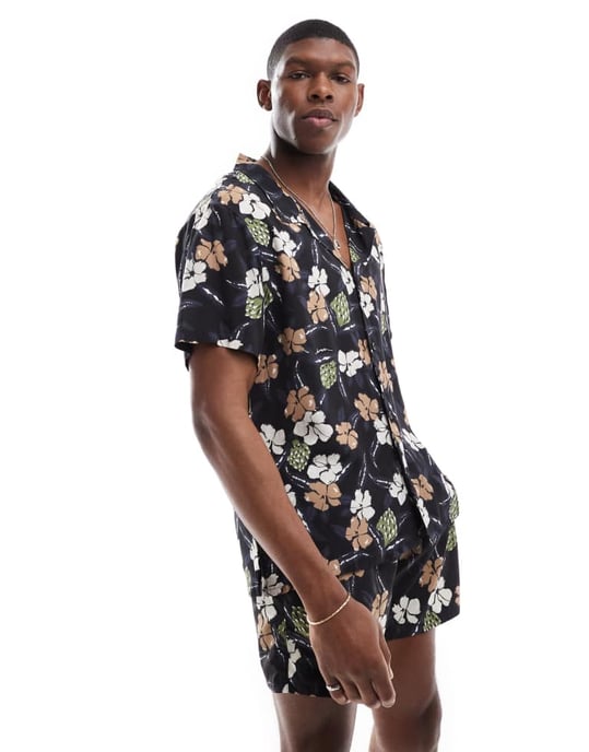 Boss co-ord floral print short sleeve shirt in black - Image 2