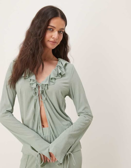 Vila textured ruffle tie front jersey top co-ord in milieu green - Image 1
