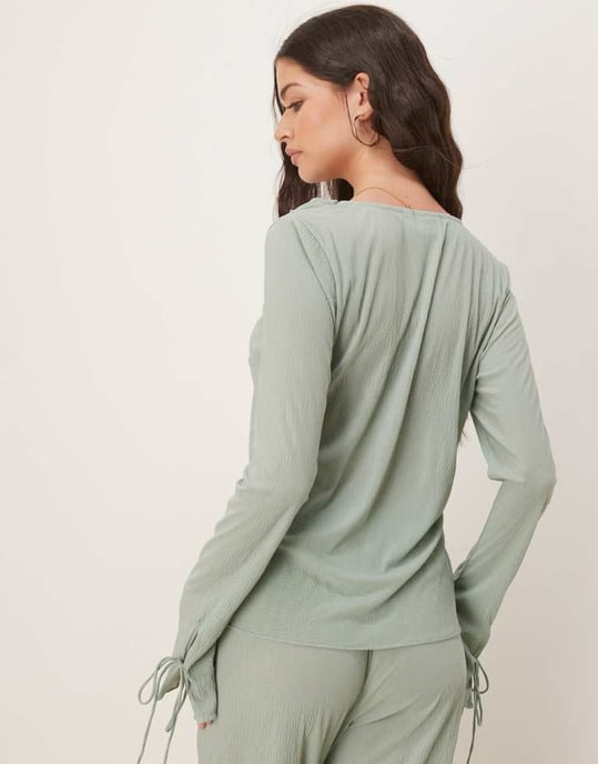Vila textured ruffle tie front jersey top co-ord in milieu green - Image 3