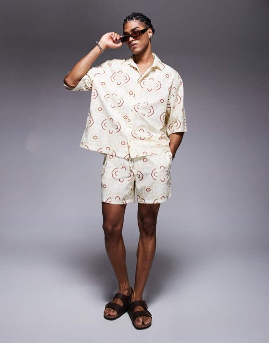 ASOS DESIGN co-ord oversized shirt with geo print in beige - Image 4