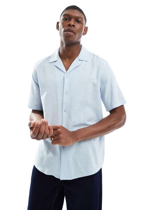 ONLY & SONS boxy fit revere collar shirt in light blue - Image 1