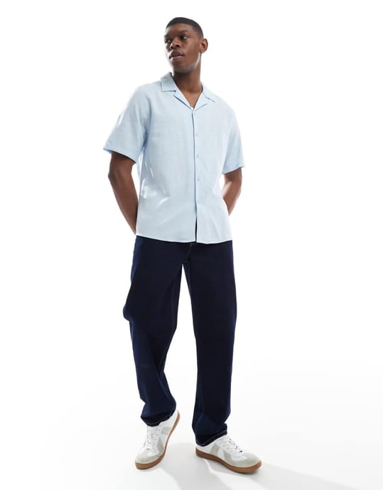 ONLY & SONS boxy fit revere collar shirt in light blue - Image 4