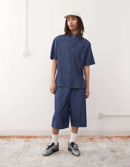 Reclaimed Vintage oversized chambray denim shirt in mid blue co ord - Image 3